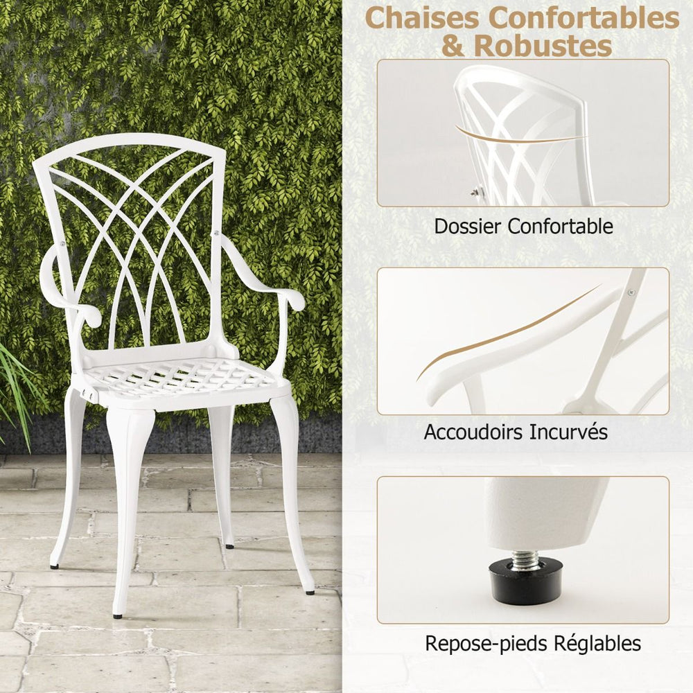 5 Pcs Salon de Jardin en Fonte d'Aluminium Trou pour Parasol Repose-pieds Réglables Ensemble de Table Ronde et 4 Chaises Blanc