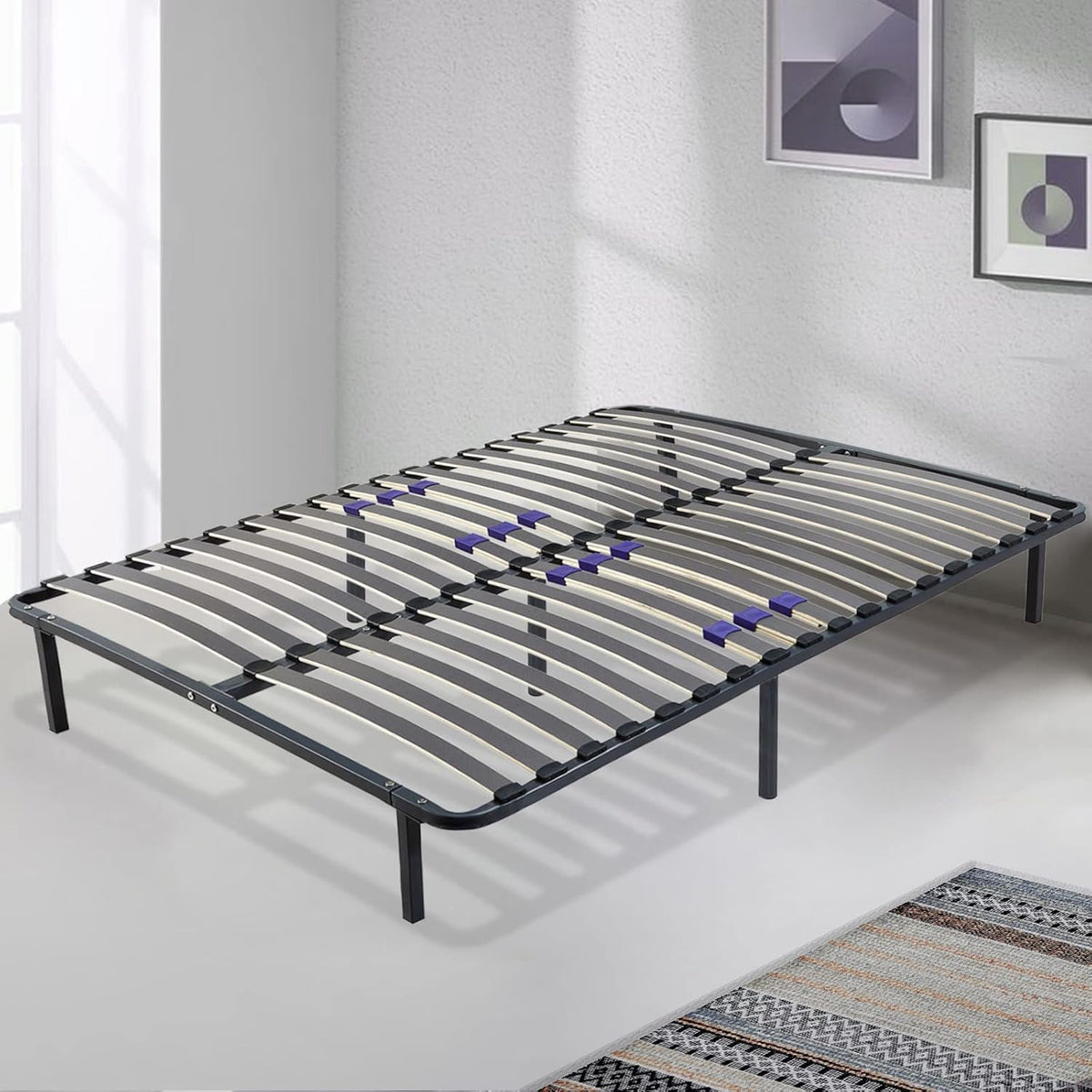 SAMPUR - Essential bed base 140 x 200 cm | Durable and comfortable | Feet included | Adjustable slats | Epoxy lacquered metal frame | Quick and easy assembly
