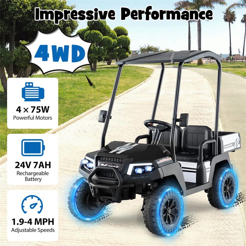 24V 4WD 2-Seater Kids Golf Cart with Sun Shade, Storage Trunk & Remote Control, LED Lights, Electric Ride on Toy Car for Boys Girls Ages 3+