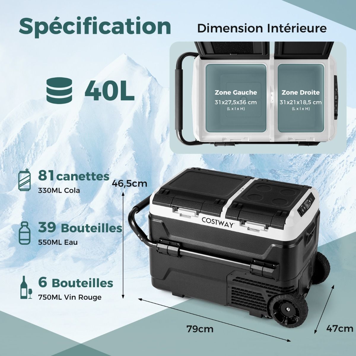Glacire lectrique Portable Double Zone 40L Rfrigrateur de Voiture 12 V  Compresseur -20鈩兟爚聽20鈩12/24V CC et 100-240V CA Noir -