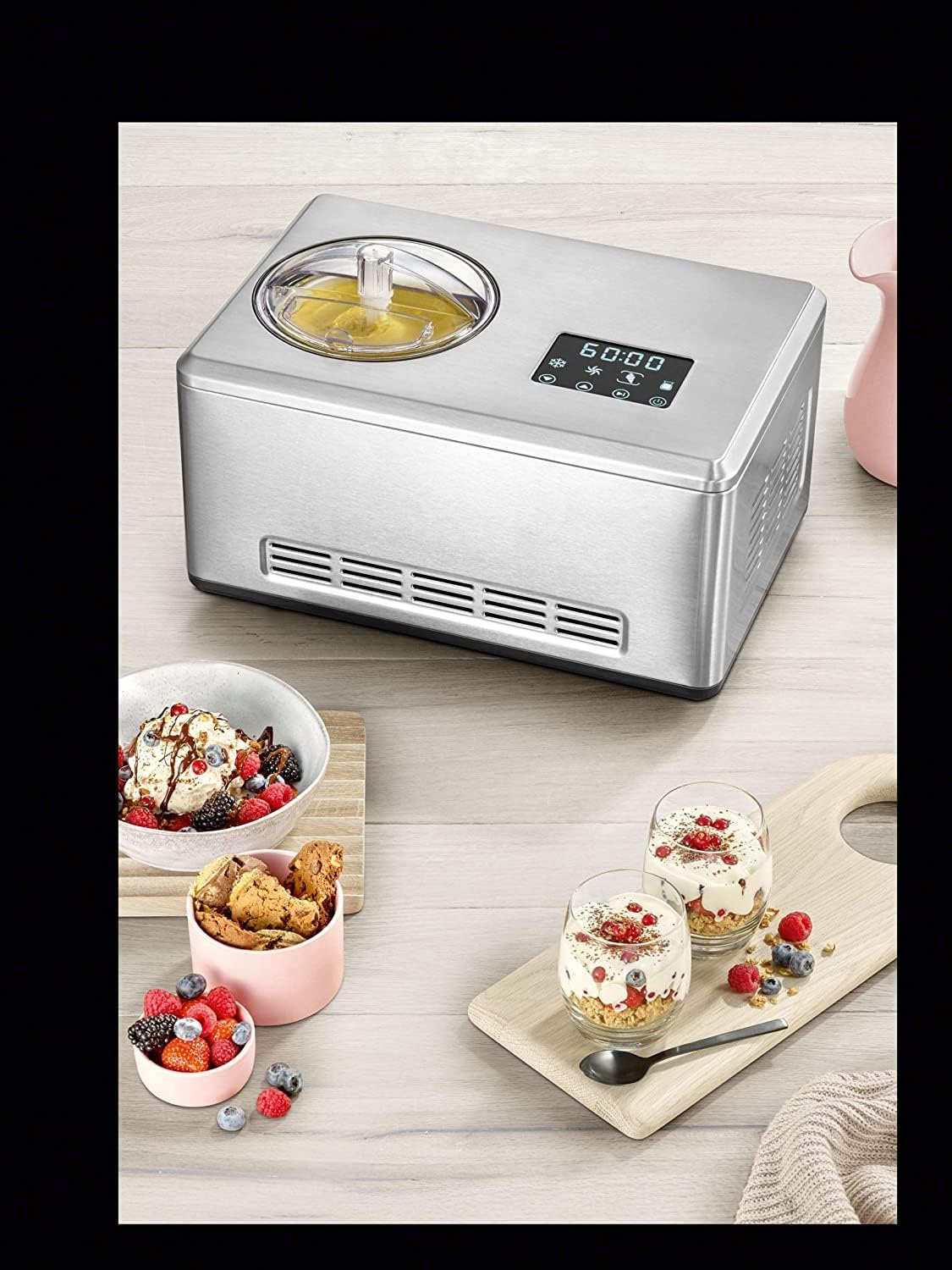 SEVERIN EZ 7405 2-in-1 Ice Cream Maker, Includes Ice Cream Container (2L) and Recipe Book, Digital Timer, Lid Open, Silver