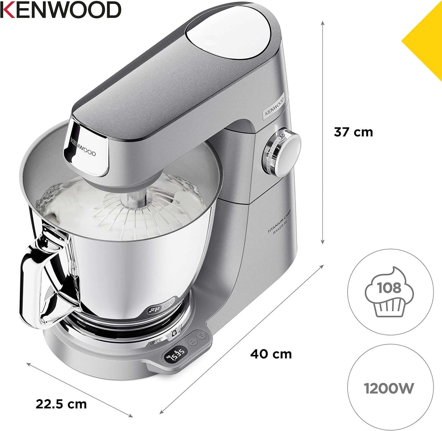 Kenwood Titanium Chef Baker KVC65.001WH, Pastry Robot with Integrated Scales, Including 3-Piece Pastry Set, Spatula & Splash Protection, 1200 W, White