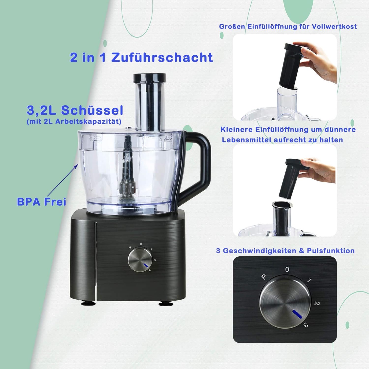 TopStrong Multifunctional Food Processor, 1100 W Multifunctional Food Processor, 11 in 1 Food Processor Included Chopper, Kneader Hook, Blender, Citrus Press and Coffee Grinder, 3.2L Bowl and 1.5L