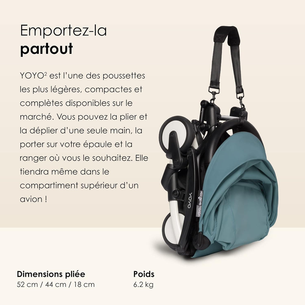 Poussette BABYZEN YOYO2 6+ (Cadre noir + pack couleur Aqua) - Comprend un harnais, un dossier, des arceaux de capote, une bandoulière, un coussin d’assise, et une capote assortie