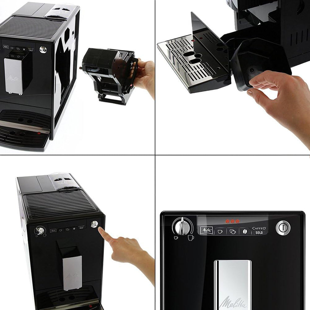 Melitta Caffeo Solo Noir Pure Black, Machine à Café à Grains avec Broyeur et Système d'Extraction des Arômes, Affichage LED, Mode 1 à 2 Tasses, Cafetière Expresso, Automatique, E950-222, 1400W