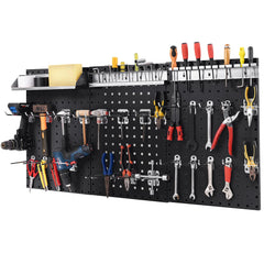 3 Pcs Metal Pegboard Panels w/25 Hooks, Storage Platform & Square Hole, Heavy Duty Pegboard Wall Organizer, Peg Board for Workshop Tool Storage