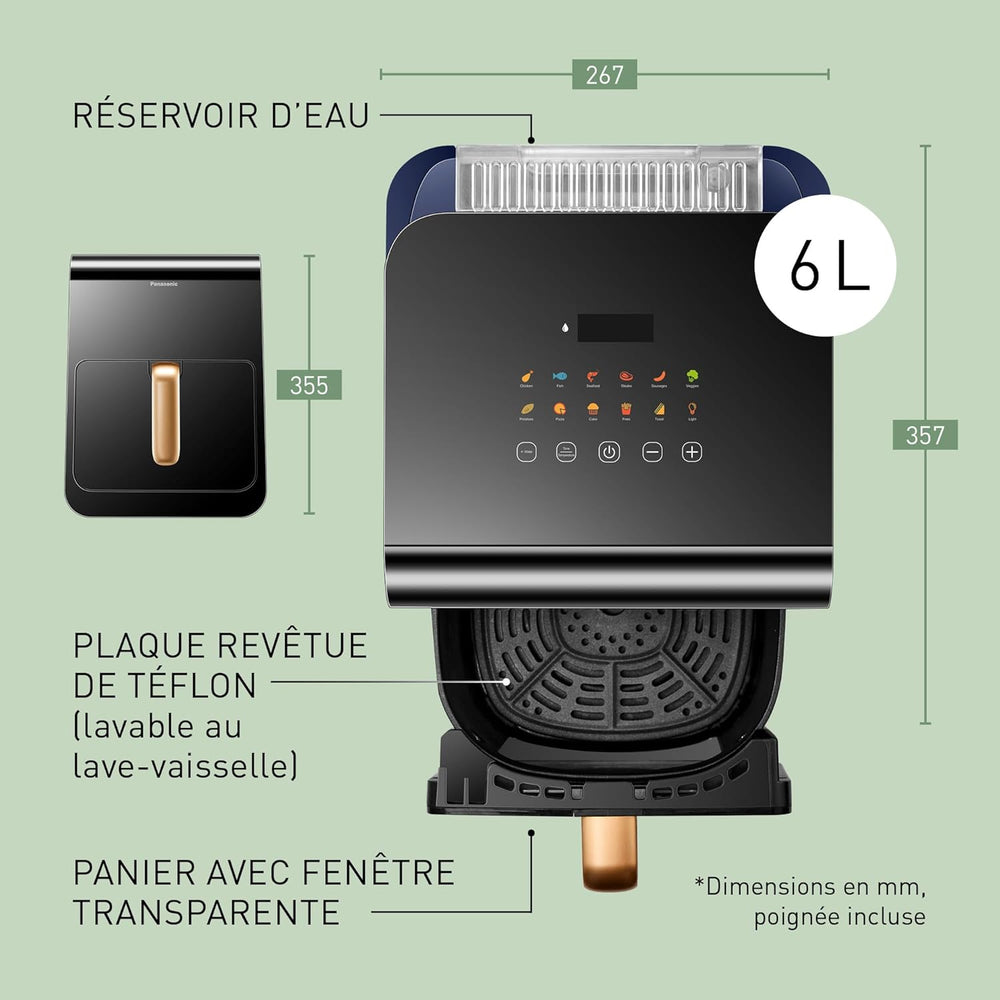 Panasonic NF-CC500SXE AirFryer Friteuse sans huile avec Hublot, 5L, 80-200°C, Minuterie Numérique et Écran LCD, Vapeur Douce, 11 Préréglages, Nettoyage Facile, Gris Mat
