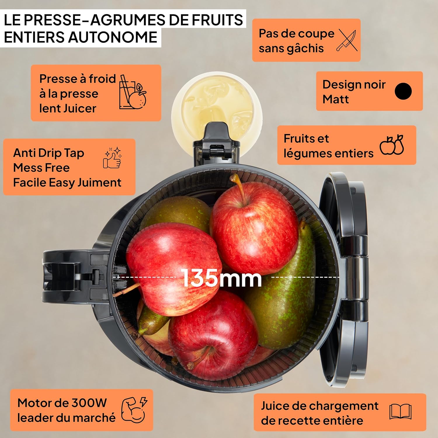 Slow Chewing, Slow Juicer, Fresh and Healthy Juice, Sorbet, Ice Cream, Mouth 75 mm, BPA Free, 240 Watts, Cold Pressure, Stainless Steel Black Fridja f1900