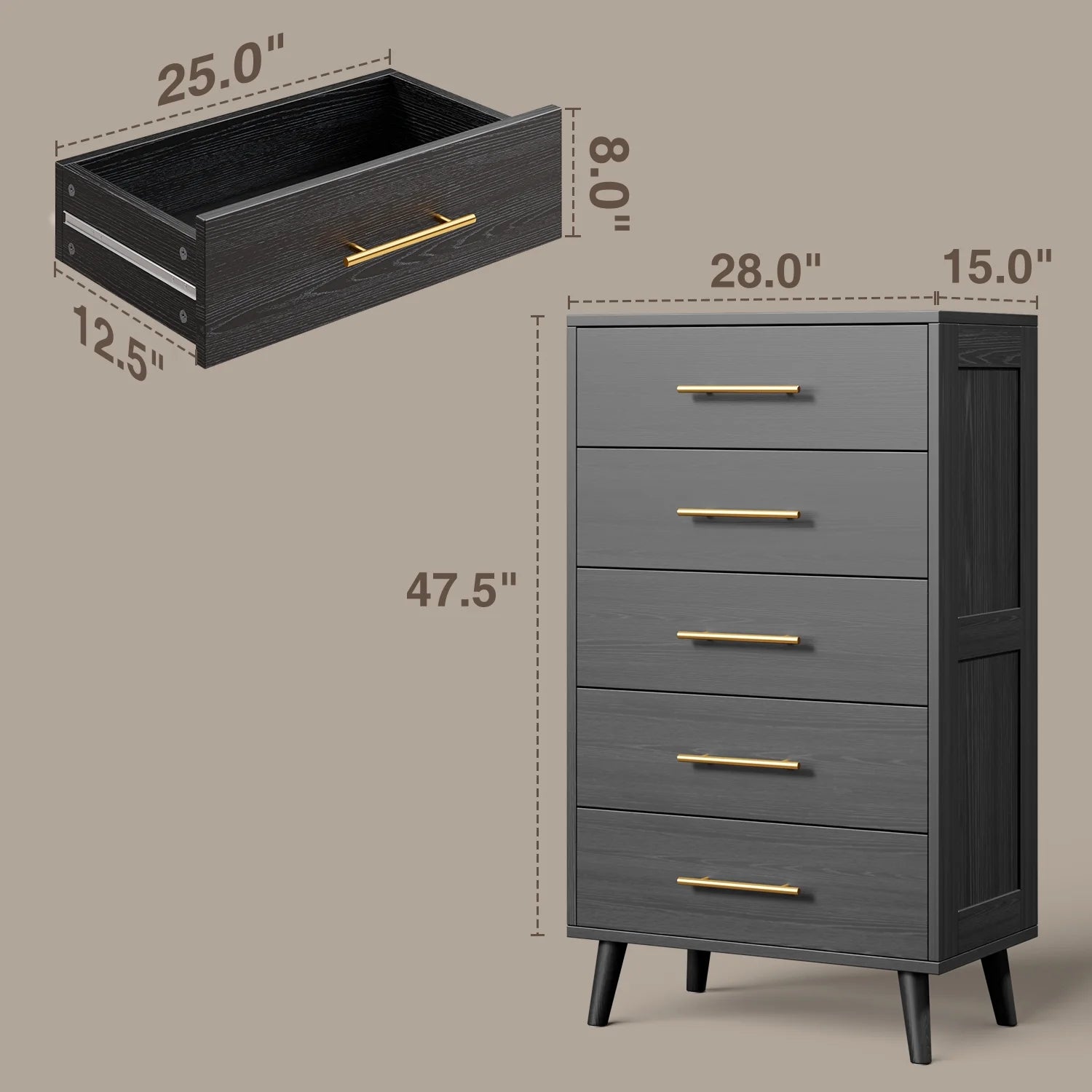 Bedroom Furniture Set - Includes Queen Bed Frame, Nightstands Set of 2, 5 - Drawer Dresser & Double Wide 6 - Drawer Dresser - Modern Storage Solution for Stylish Home Decor, Black