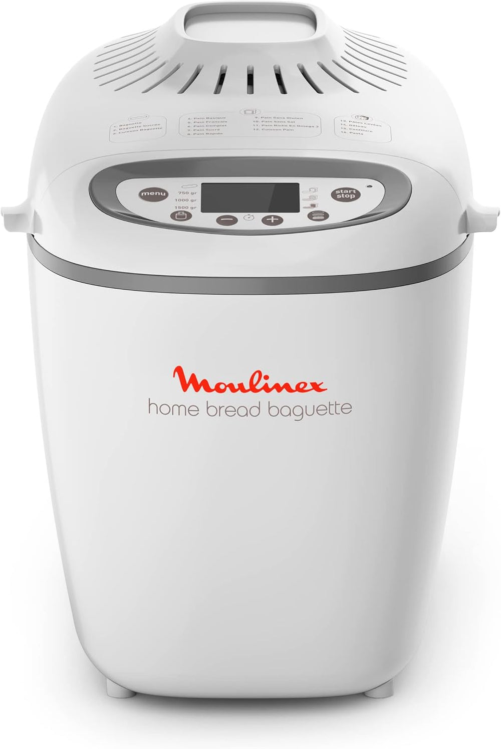 Moulinex Home Bread Baguette Machine à petits pains, 16 programmes, Résultats homogènes, Jusqu'à 1,5 kg de pain frais, Plaques croustillants, 3 niveaux de dorage OW610110, Blanc