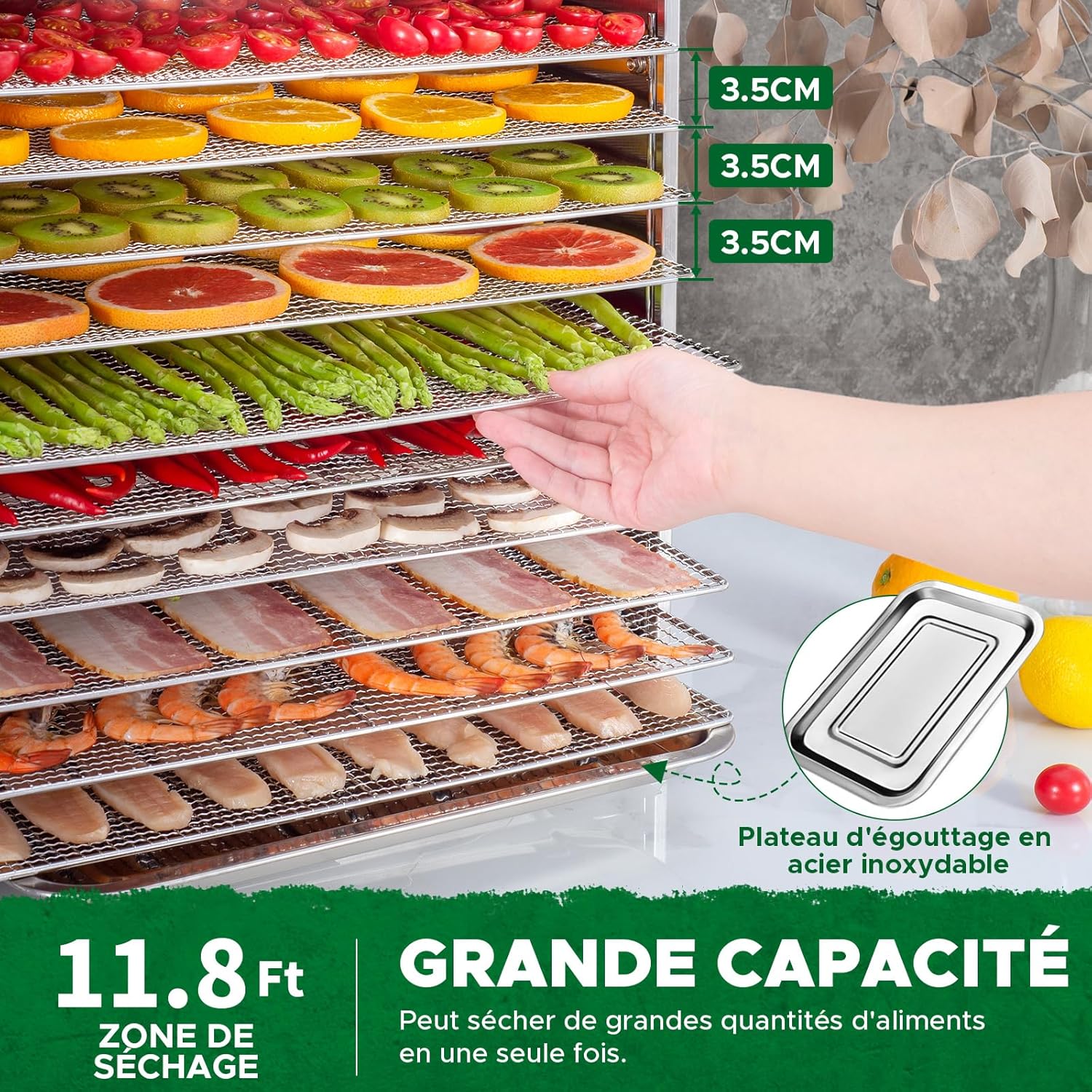 Kwasyo Food Dehydrator, 10 Trays • Desiccator with Timer (24H) • Fruit and Vegetable Dehydrator Adjustable Temperature (30 to 90°C) + 1 x Recipe Book