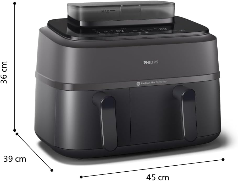 Philips Air Fryer 3000 Series Double Basket - Healthy, Fast and Versatile Cooking, 9 Litre Capacity, Touch Screen, Two Drawer Design (NA350/00)