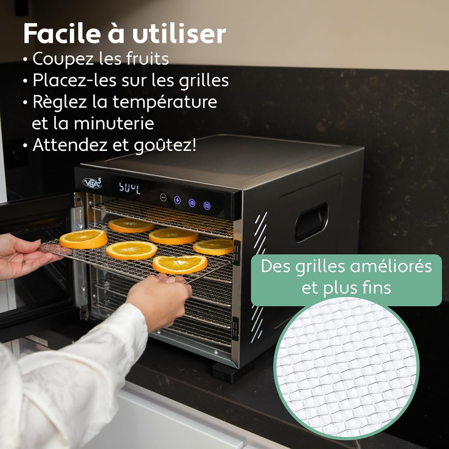 Vita5 Nobel Pro6 Deshydrateur Alimentaire avec 6 Plateaux en Inox - Déshydrateur avec Minuterie 24h et Température 35-75 °C - Deshydrateur Viande, Fruits, Champignons - 650W Déshydrateur Alimentaire