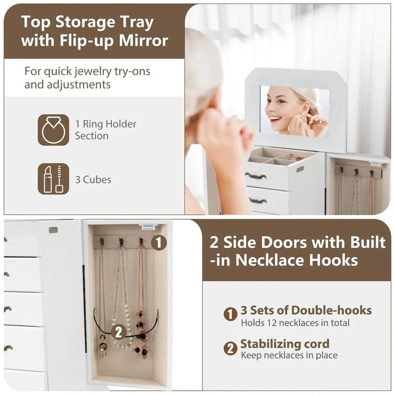 Standing Jewelry Armoire Cabinet with Flip Top Mirror, 4 Drawers, 2 Side Doors & Necklace Hooks, Vintage Wood Jewelry Storage Organizer Chest