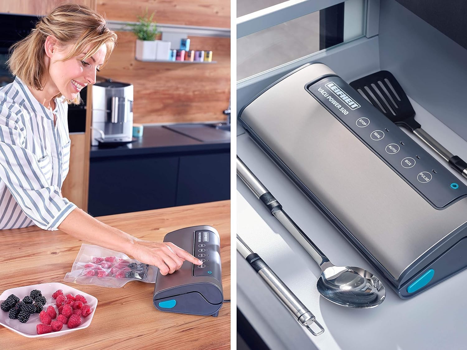 Leifheit Machine de mise sous vide alimentaire Vacu Power 500, appareil pour emballage sous vide + 10 sacs sous vide alimentaire (20 x 30 cm)