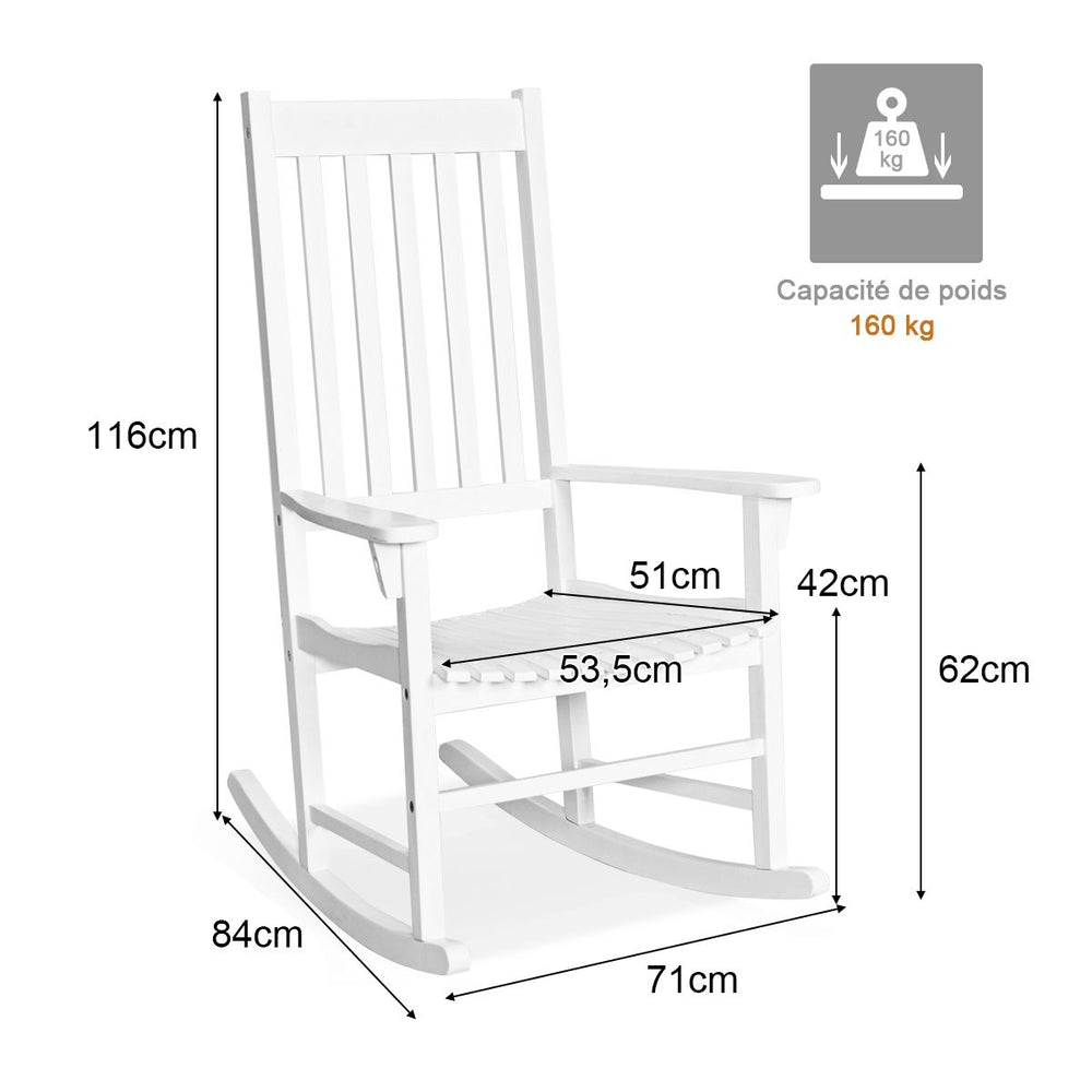 Fauteuil  Bascule en Bois d'Acacia Chaise Berante pour Jardin Pelouse Balcon Blanc -