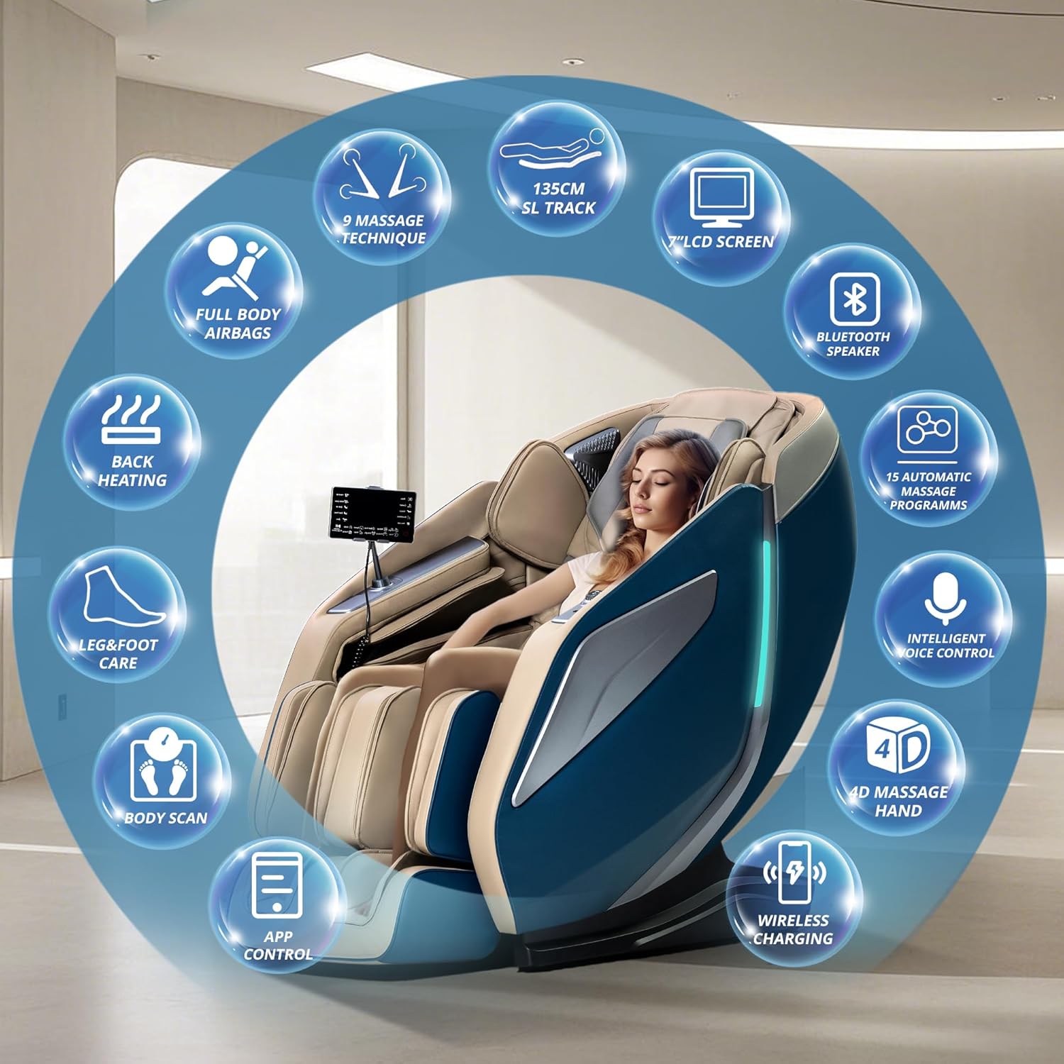 HealthRelife Fauteuil de Massage Complet du Corps avec Balayage corporel Mains robotiques 3D Housse de siège de Massage Shiatsu Intelligente avec Fonction vocale Chauffage du Dos (Bleu)