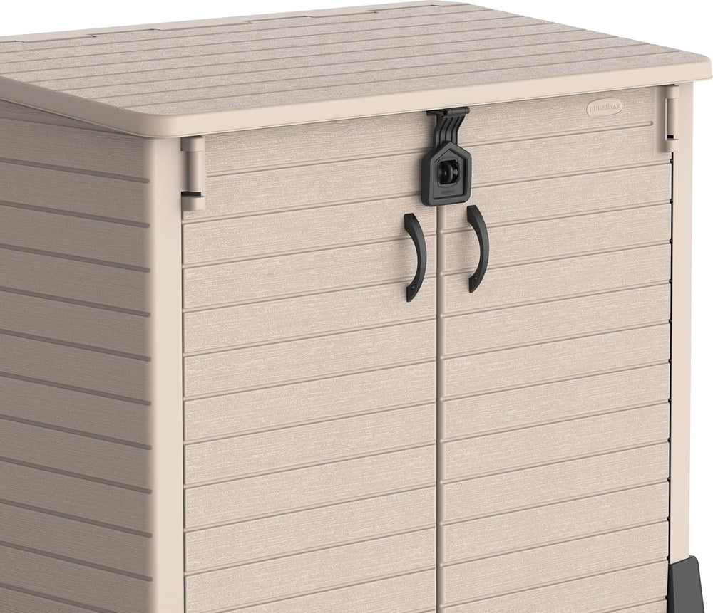 Duramax StoreAway 1200L Plastic Garden Shed/ Flat Lid, Outdoor Storage Shed, Wheelie Bin Hideaways, Wheelie bin box, Durable Construction, Ideal for Bikes, BBQs & 2x 240L Bins, 145x85x125 cm, Brown