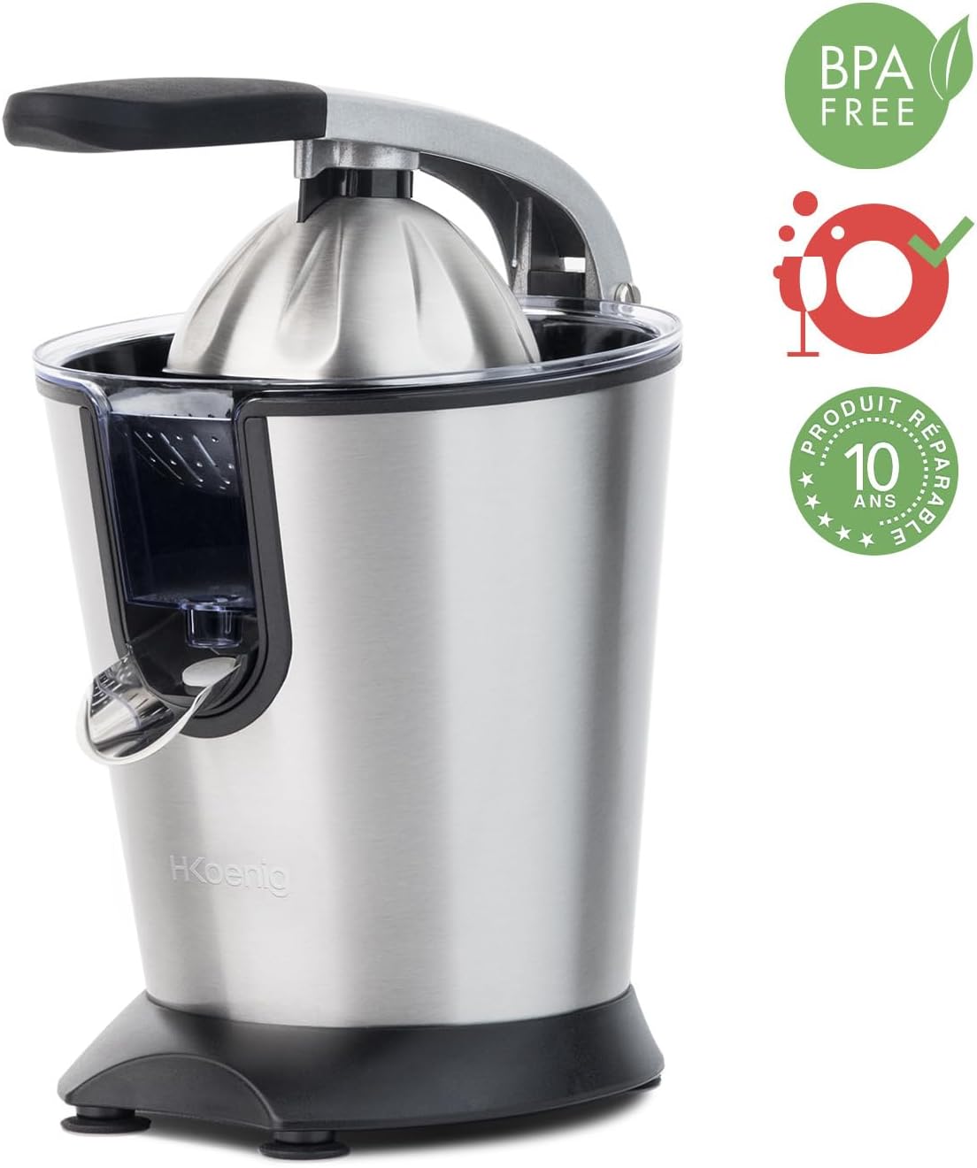 H.Koenig AGR80 160W Professional Electric Citrus Juicer Stainless Steel Lever and Filter Drip Free BPA Free Dishwasher Safe Parts
