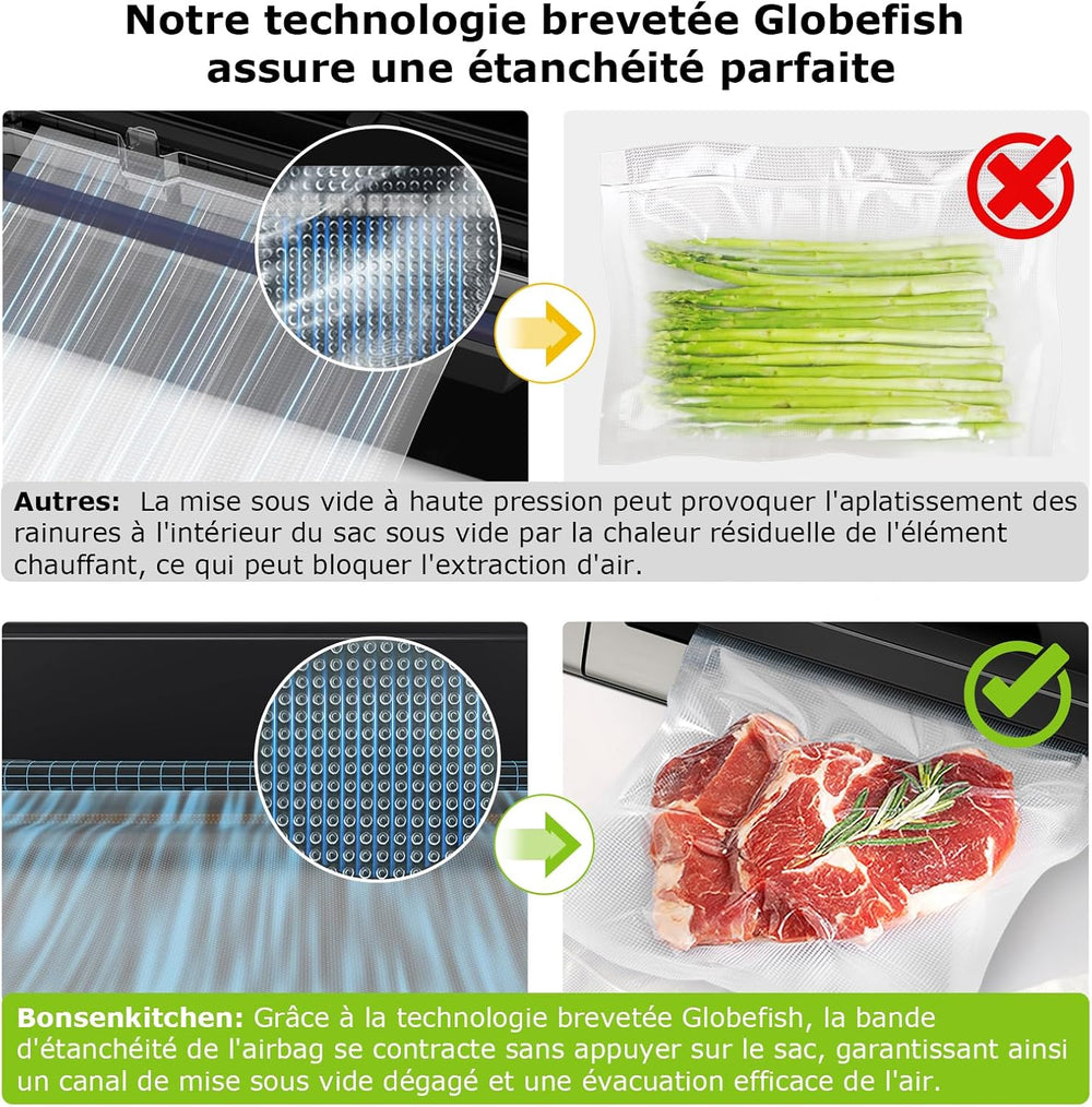 Bonsenkitchen Powerful and Quiet Food Vacuum Sealer with Globefish Technology for Continuous Work, Locked Handle Design, Integrated Cutter, 2 Rolls of Bags Included