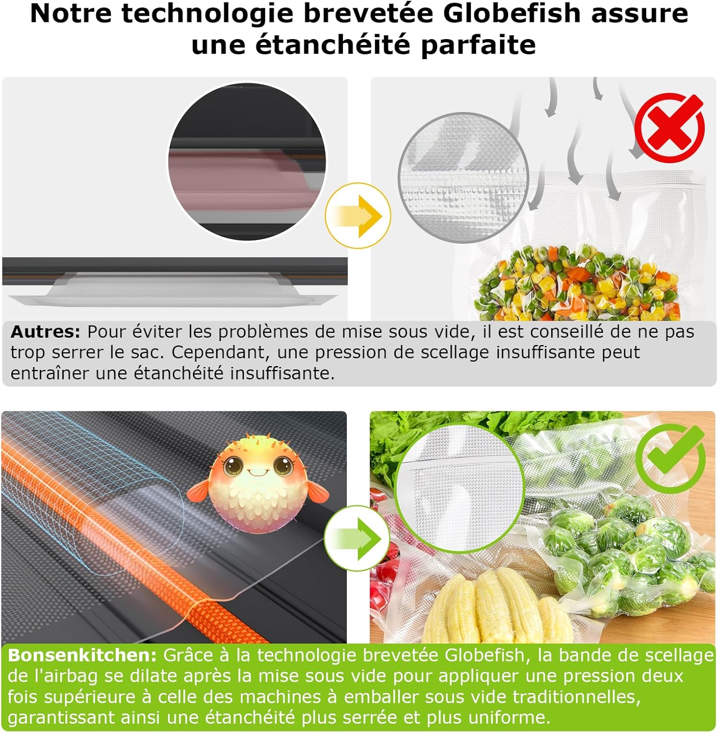 Bonsenkitchen Powerful and Quiet Food Vacuum Sealer with Globefish Technology for Continuous Work, Locked Handle Design, Integrated Cutter, 2 Rolls of Bags Included