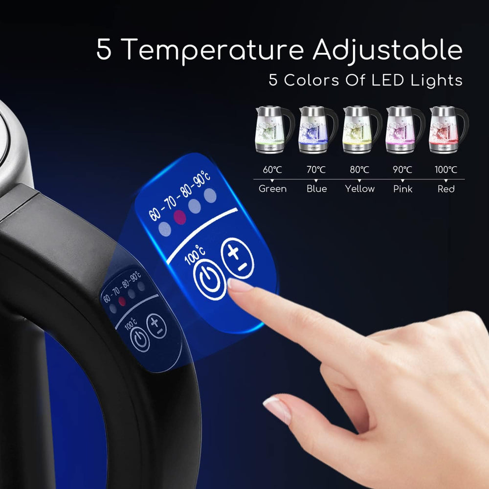 Aigostar Cris - Bouilloire en verre Température Réglable 2200W, 1.7L. Thermostat Réglable (60 à 100ºC) et fonction maintien au chaud, Filtre à thé amovible, éclairage LED de couleurs, Sans BPA.
