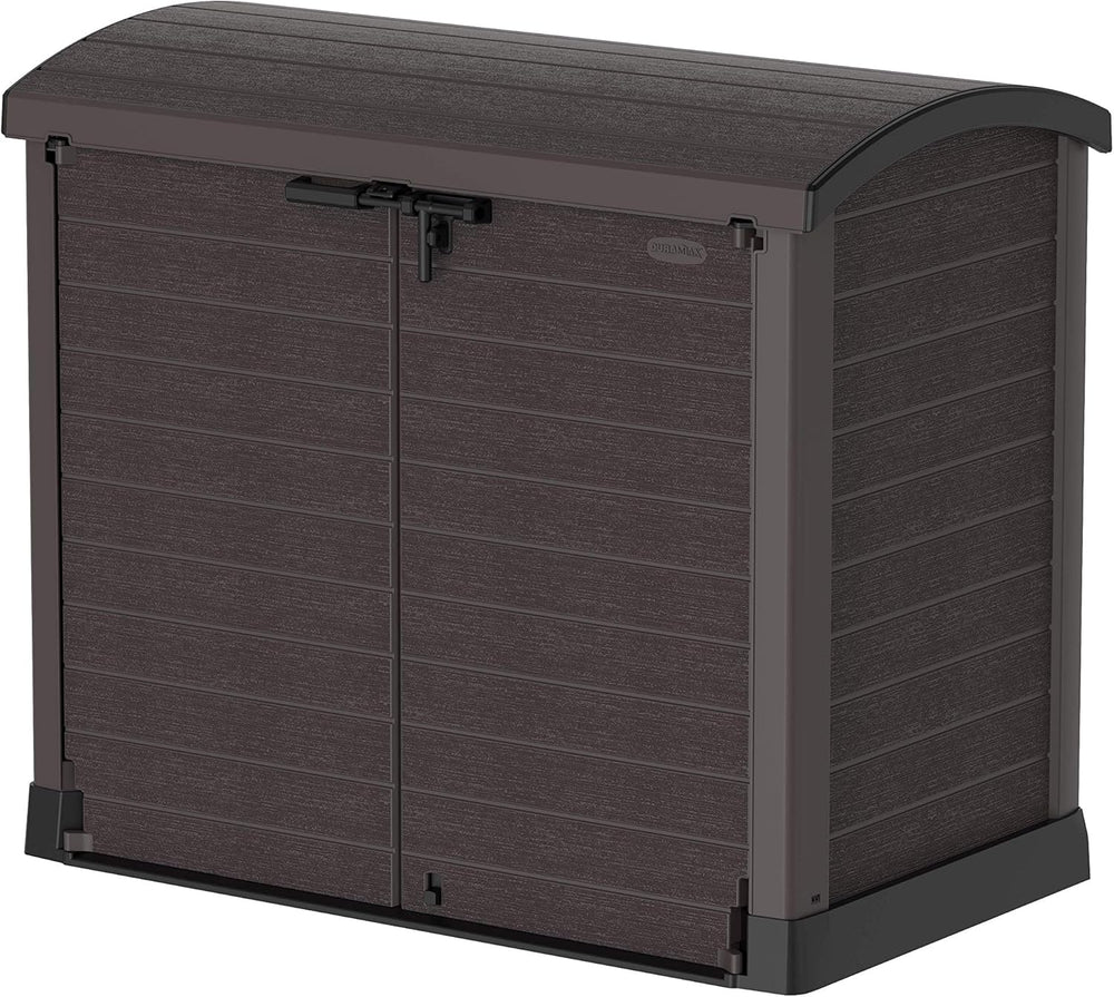 Duramax StoreAway 1200L Plastic Garden Shed/ Flat Lid, Outdoor Storage Shed, Wheelie Bin Hideaways, Wheelie bin box, Durable Construction, Ideal for Bikes, BBQs & 2x 240L Bins, 145x85x125 cm, Brown