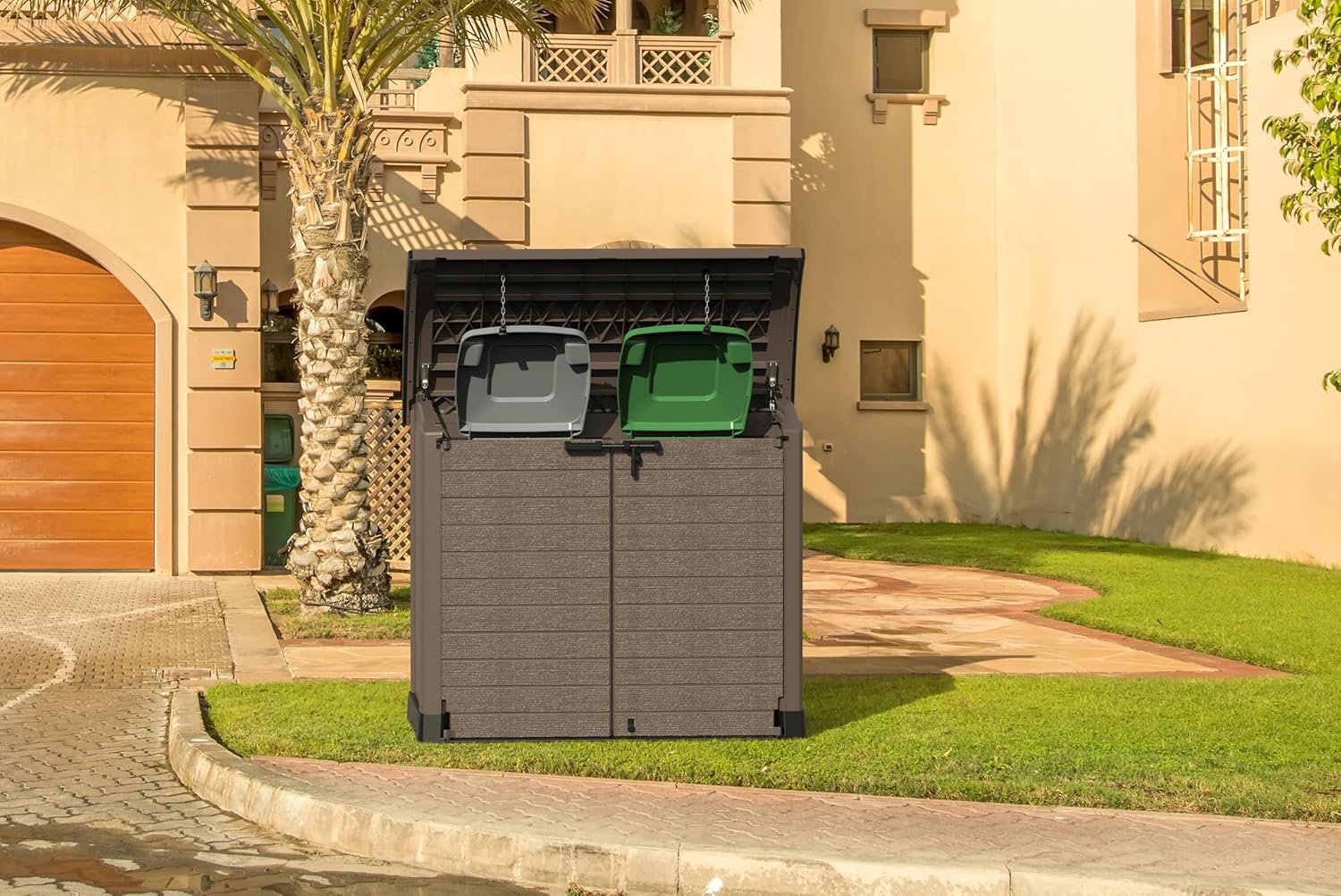 Duramax StoreAway 1200L Plastic Garden Shed/ Flat Lid, Outdoor Storage Shed, Wheelie Bin Hideaways, Wheelie bin box, Durable Construction, Ideal for Bikes, BBQs & 2x 240L Bins, 145x85x125 cm, Brown