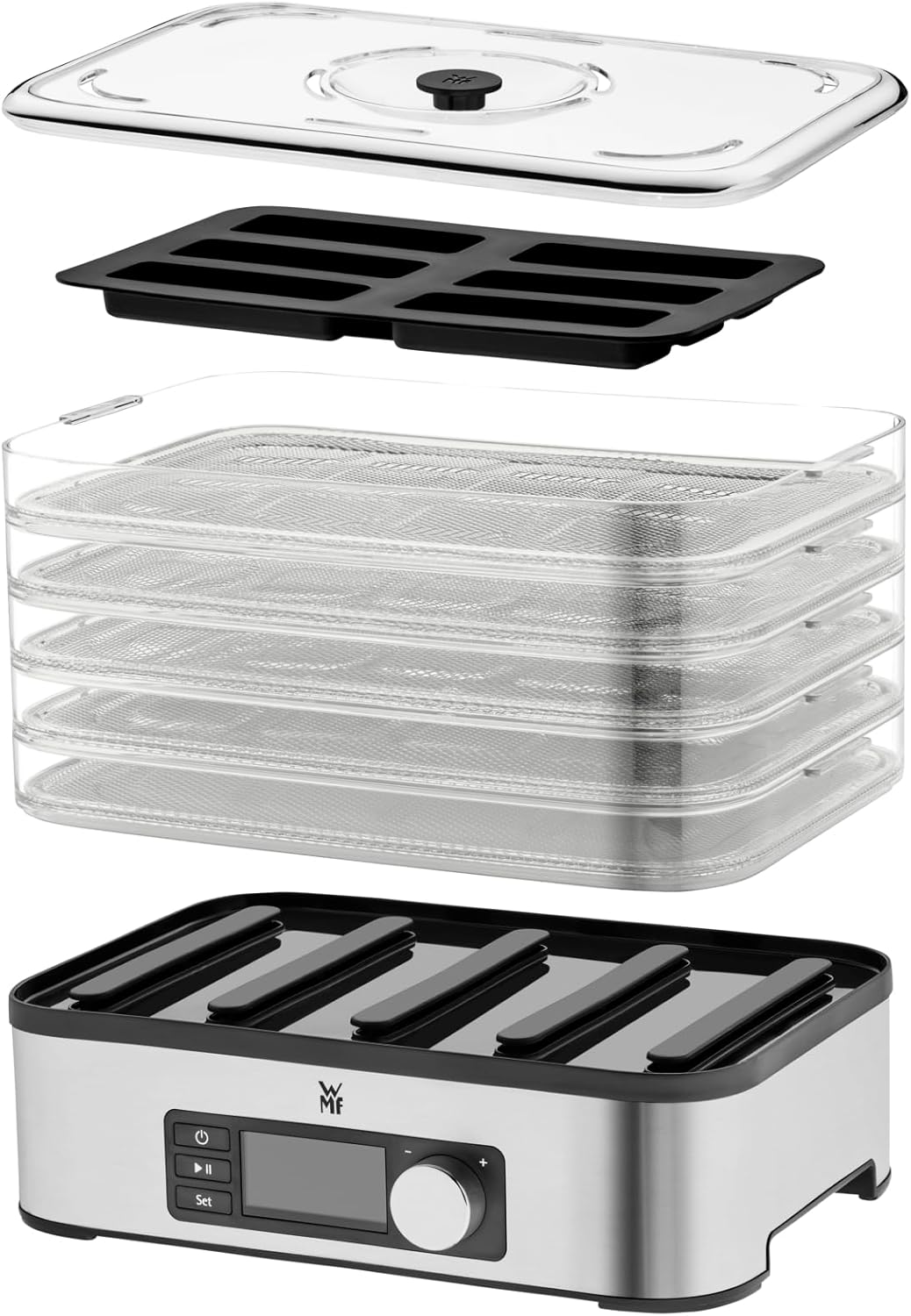 WMF KITCHENminis Dehydrator, 400 W, Stainless Steel, 5 Trays BPA Free, Programmable Dried Fruits, Vegetables, Dehydrated Mushrooms, Cereal Bars, Cromargan 0415250011