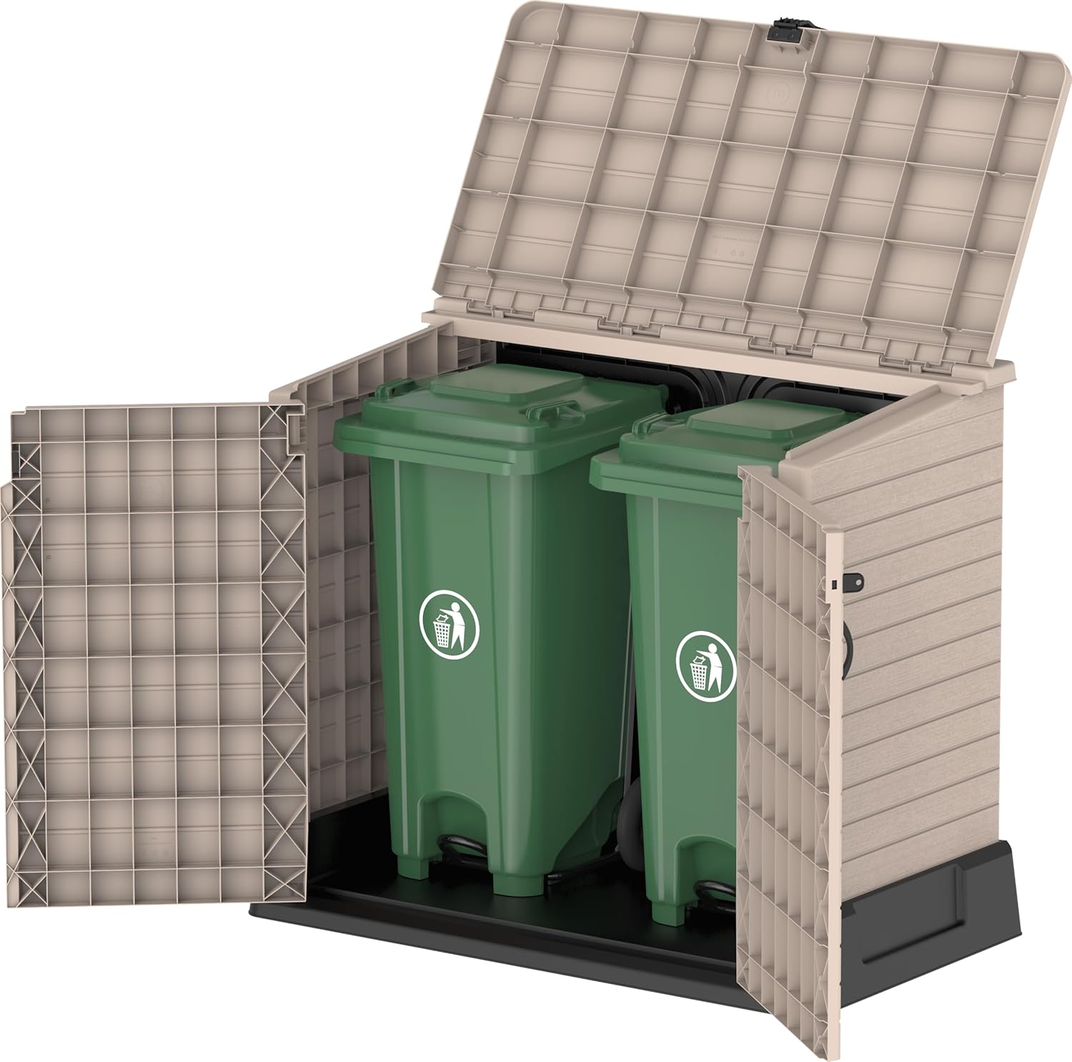 Duramax StoreAway 1200L Plastic Garden Shed/ Flat Lid, Outdoor Storage Shed, Wheelie Bin Hideaways, Wheelie bin box, Durable Construction, Ideal for Bikes, BBQs & 2x 240L Bins, 145x85x125 cm, Brown
