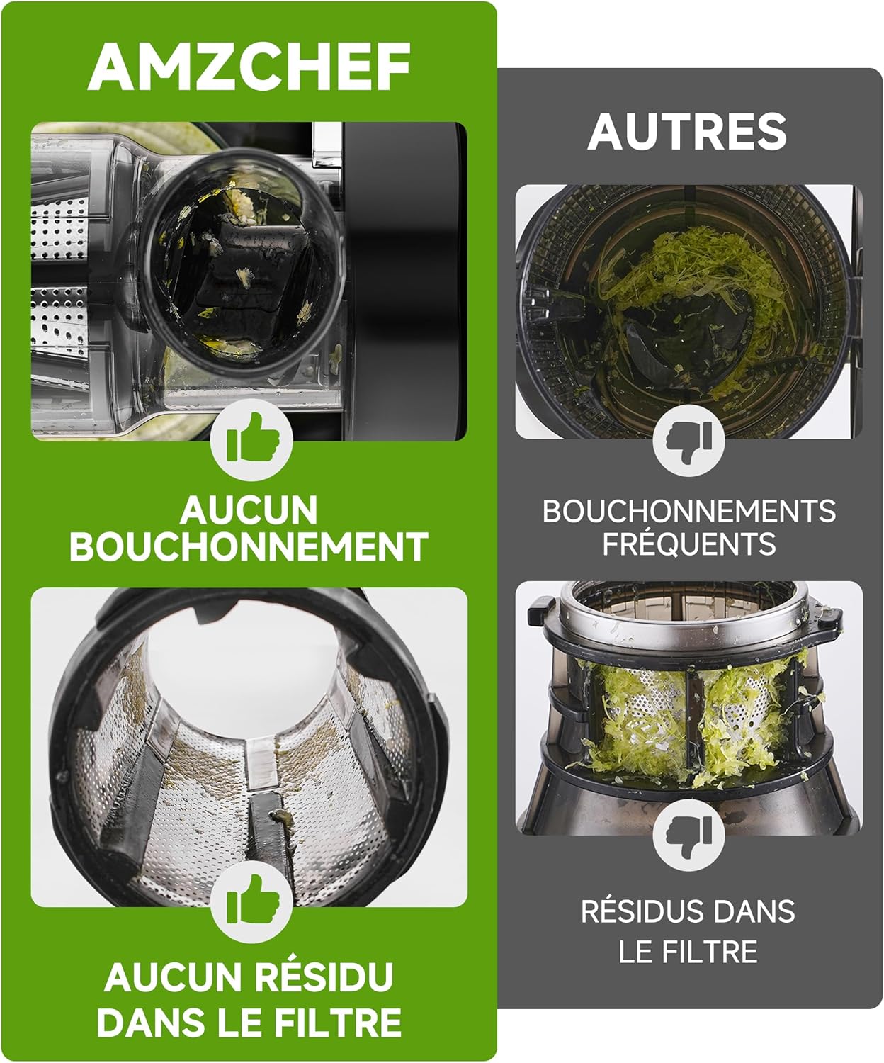 AMZCHEF Extracteur Jus - Extracteur de Jus de Fruits et Légumes - Presses-agrumes à Froid sans BPA avec 2 Tasses et Brosse - Fonction de Mastication Inversée pour Éviter les Blocages - Argent