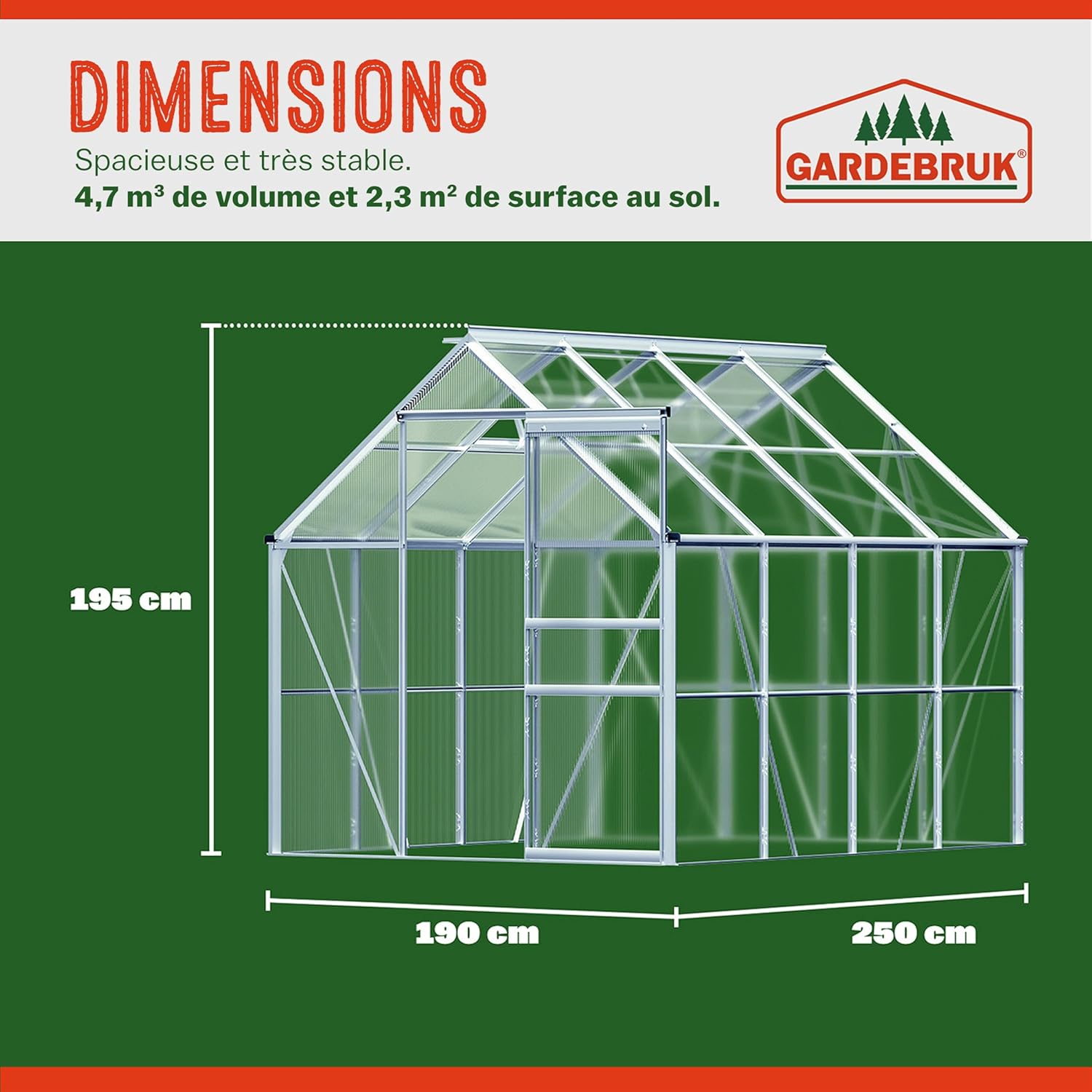 Gardebruk Serre de Jardin en Aluminium 7,63m鲁 abri extrieur pour Plantes lgumes 250x190x195cm avec fen锚tres