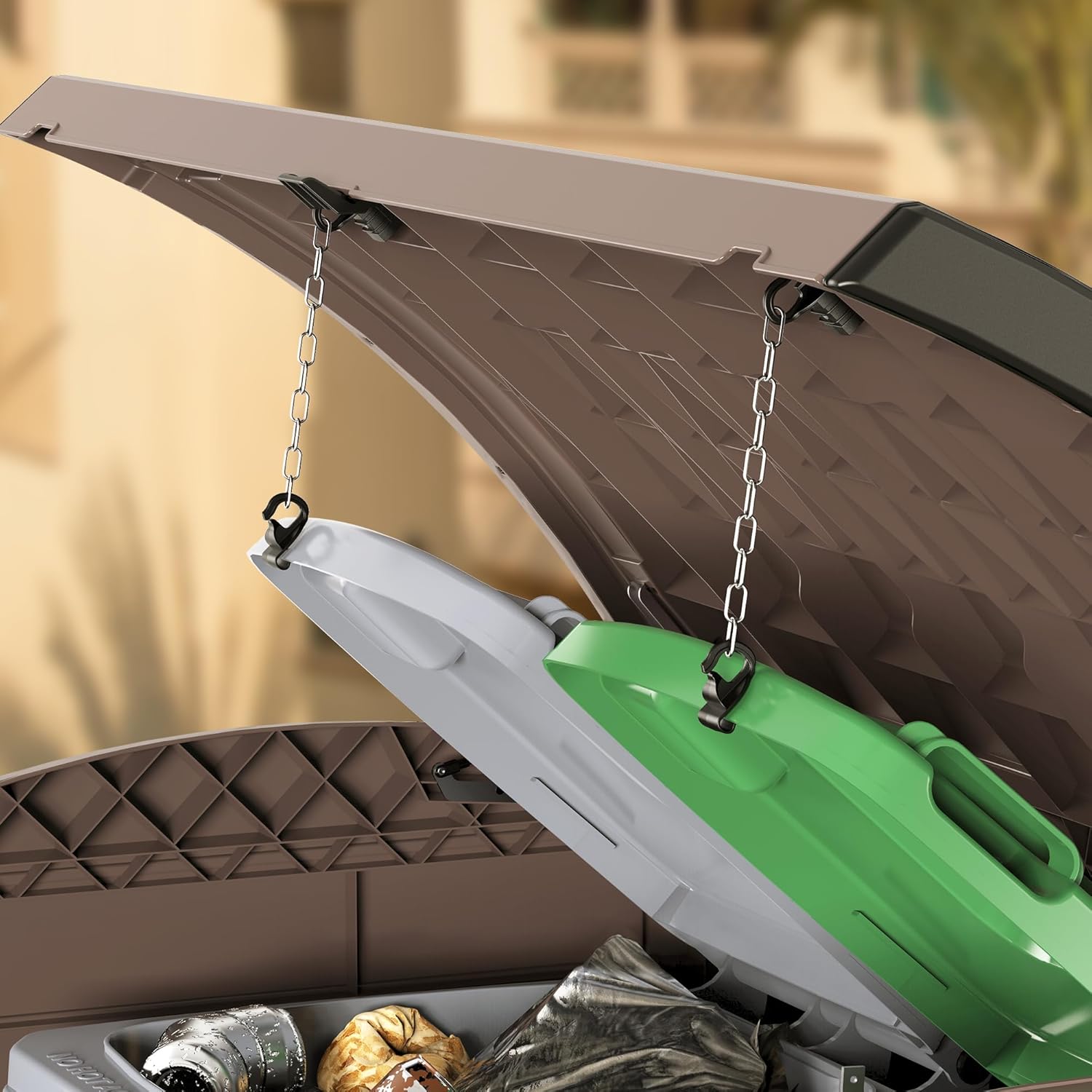 Duramax StoreAway 1200L Plastic Garden Shed/ Flat Lid, Outdoor Storage Shed, Wheelie Bin Hideaways, Wheelie bin box, Durable Construction, Ideal for Bikes, BBQs & 2x 240L Bins, 145x85x125 cm, Brown