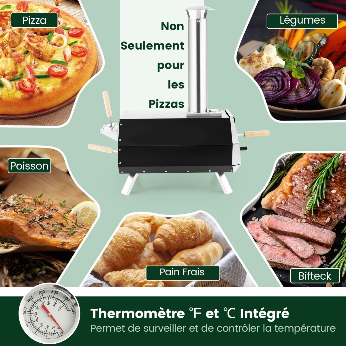 Four  Pizza Extrieur en Acier Inoxydable avec Pierre  Pizza de 30,5cm Four  Bois pour Pizza avec Pelle Pare-feu Pieds Pliables -