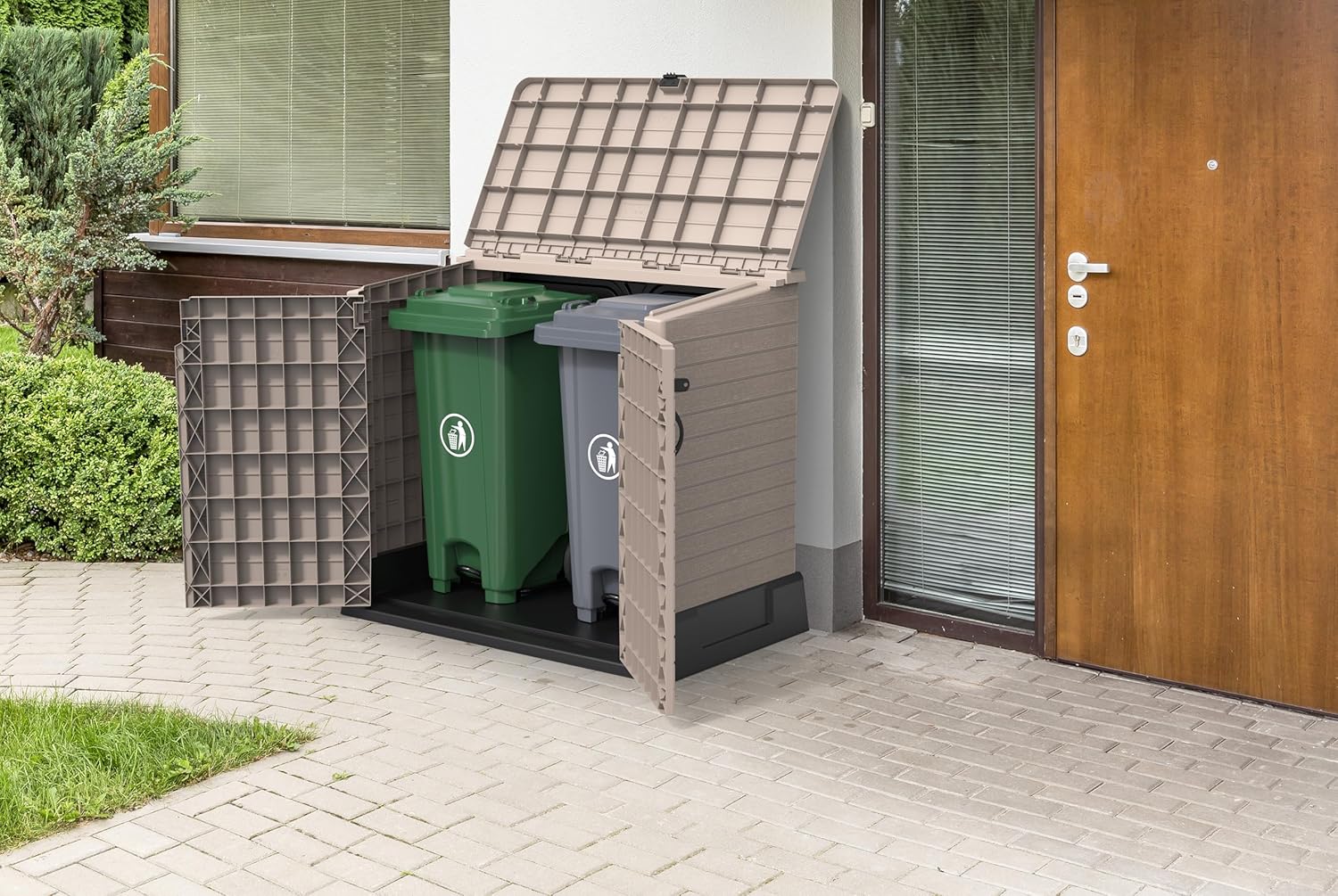 Duramax StoreAway 1200L Plastic Garden Shed/ Flat Lid, Outdoor Storage Shed, Wheelie Bin Hideaways, Wheelie bin box, Durable Construction, Ideal for Bikes, BBQs & 2x 240L Bins, 145x85x125 cm, Brown