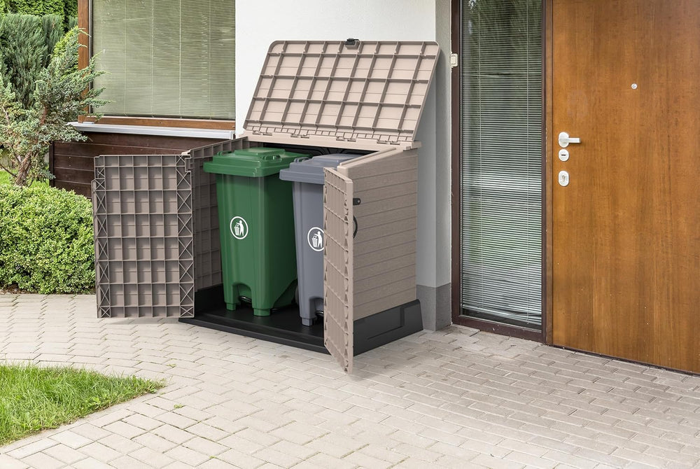 Duramax StoreAway 1200L Plastic Garden Shed/ Flat Lid, Outdoor Storage Shed, Wheelie Bin Hideaways, Wheelie bin box, Durable Construction, Ideal for Bikes, BBQs & 2x 240L Bins, 145x85x125 cm, Brown
