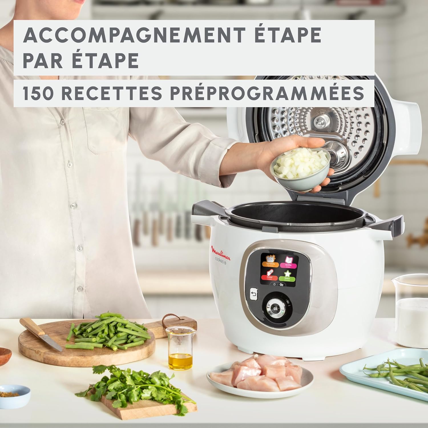 Moulinex, Cookeo Multicuiseur intelligent 6L, 150 recettes intégrées, Cuisson sans surveillance, Ecran intuitif, Guide de cuisson, Application MyMoulinex, 1600W, Blanc, 15 ans réparabilité