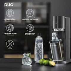 SodaStream Duo Sparkling Water Machine for Glass Jug | Pack of 2 Glass Jugs 1L + 1 Bottle 1L Dishwasher Safe + 1 60L Gas Refill Clip On | Black [Amazon Exclusive]