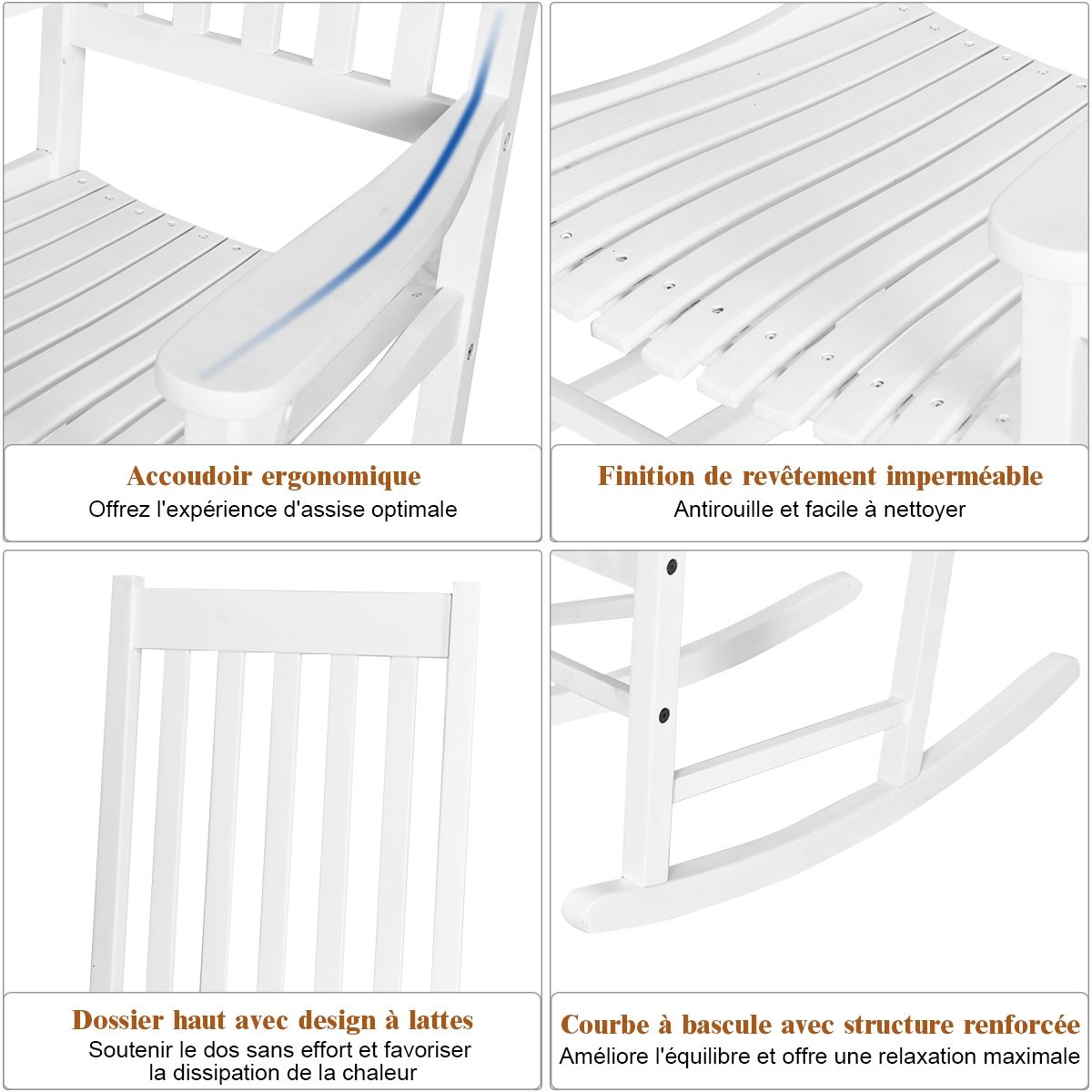 Fauteuil  Bascule en Bois d'Acacia Chaise Berante pour Jardin Pelouse Balcon Blanc -