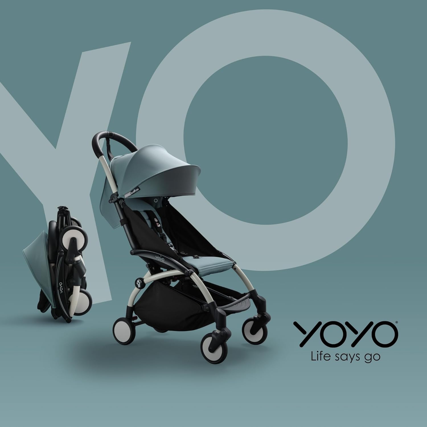 Poussette BABYZEN YOYO2 6+ (Cadre noir + pack couleur Aqua) - Comprend un harnais, un dossier, des arceaux de capote, une bandoulière, un coussin d’assise, et une capote assortie
