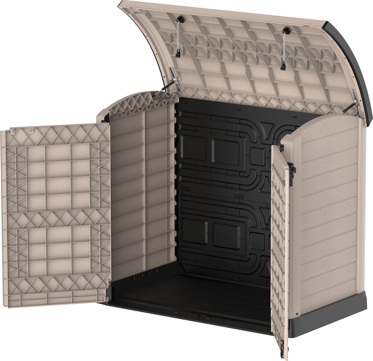 Duramax StoreAway 1200L Plastic Garden Shed/ Flat Lid, Outdoor Storage Shed, Wheelie Bin Hideaways, Wheelie bin box, Durable Construction, Ideal for Bikes, BBQs & 2x 240L Bins, 145x85x125 cm, Brown