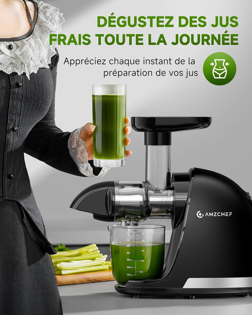 AMZCHEF Extracteur Jus - Extracteur de Jus de Fruits et Légumes - Presses-agrumes à Froid sans BPA avec 2 Tasses et Brosse - Fonction de Mastication Inversée pour Éviter les Blocages - Argent