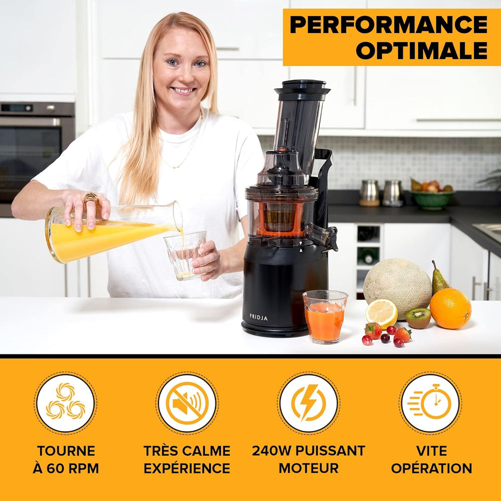 Slow Chewing, Slow Juicer, Fresh and Healthy Juice, Sorbet, Ice Cream, Mouth 75 mm, BPA Free, 240 Watts, Cold Pressure, Stainless Steel Black Fridja f1900