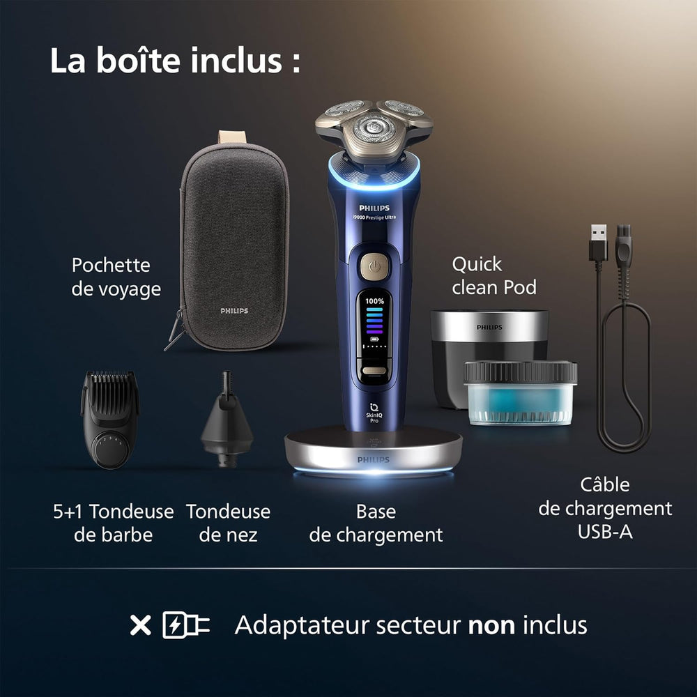 Philips Rasoir i9000 Prestige Ultra, Rasoir électrique 100% étanche, Technologie Skin IQ Pro, Système Triple Lift & Cut, Lames de précision NanoTech rotatives 360°, 5 modes de rasage, XP9401/38