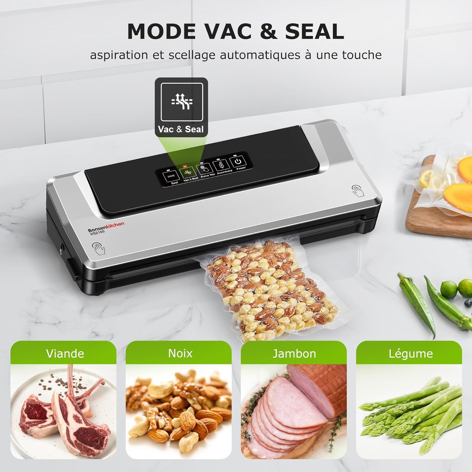 Bonsenkitchen Machine Sous Vide Alimentaire - Appareil de Mise Sous Vide pour La Cuisson Sous Vide et La Conservation des Aliments Frais, Y 40 Compris Les Sacs Sous Vide