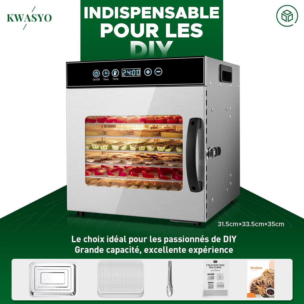 Kwasyo Food Dehydrator, 10 Trays • Desiccator with Timer (24H) • Fruit and Vegetable Dehydrator Adjustable Temperature (30 to 90°C) + 1 x Recipe Book