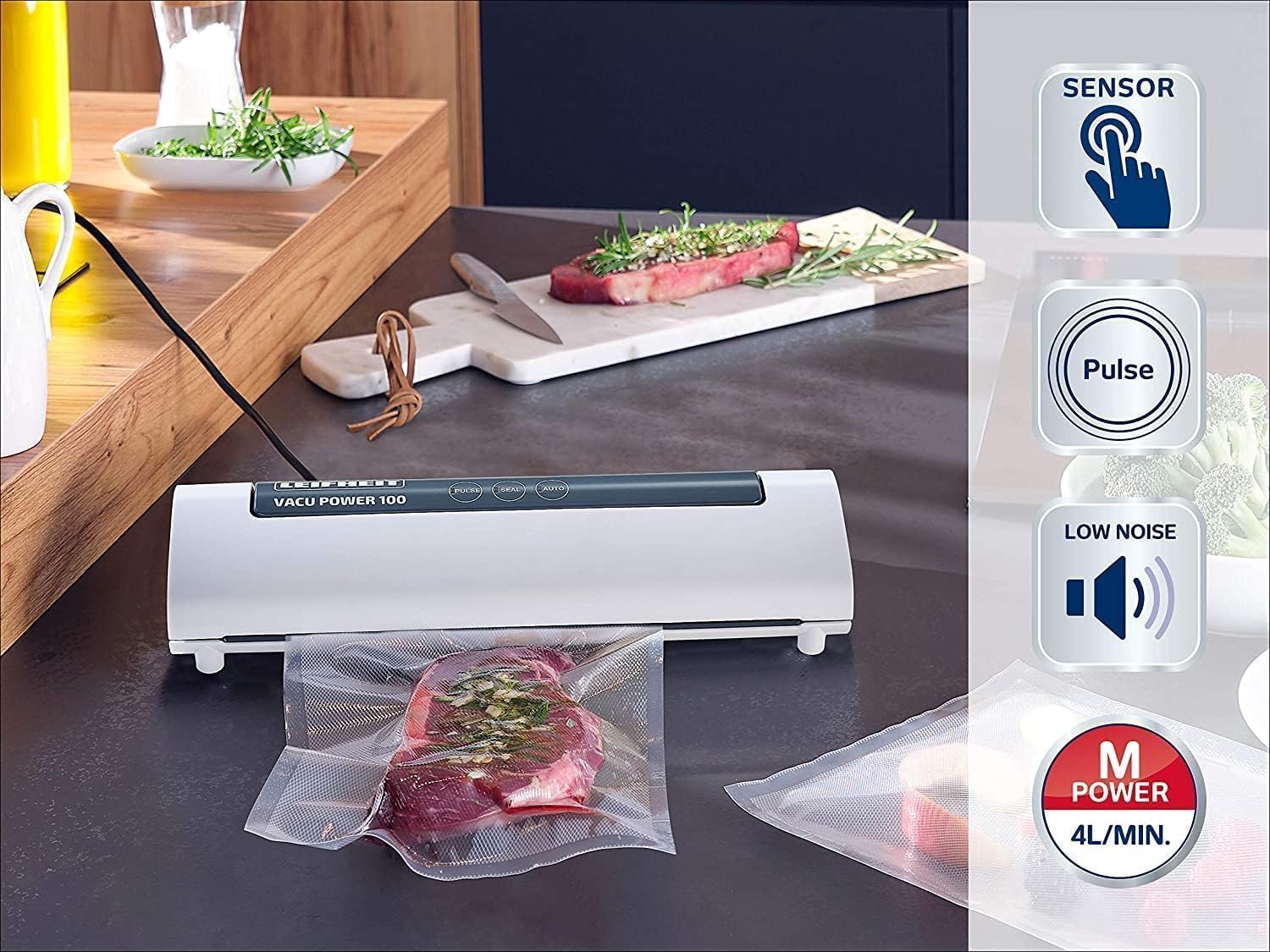 Leifheit Machine de mise sous vide alimentaire Vacu Power 500, appareil pour emballage sous vide + 10 sacs sous vide alimentaire (20 x 30 cm)
