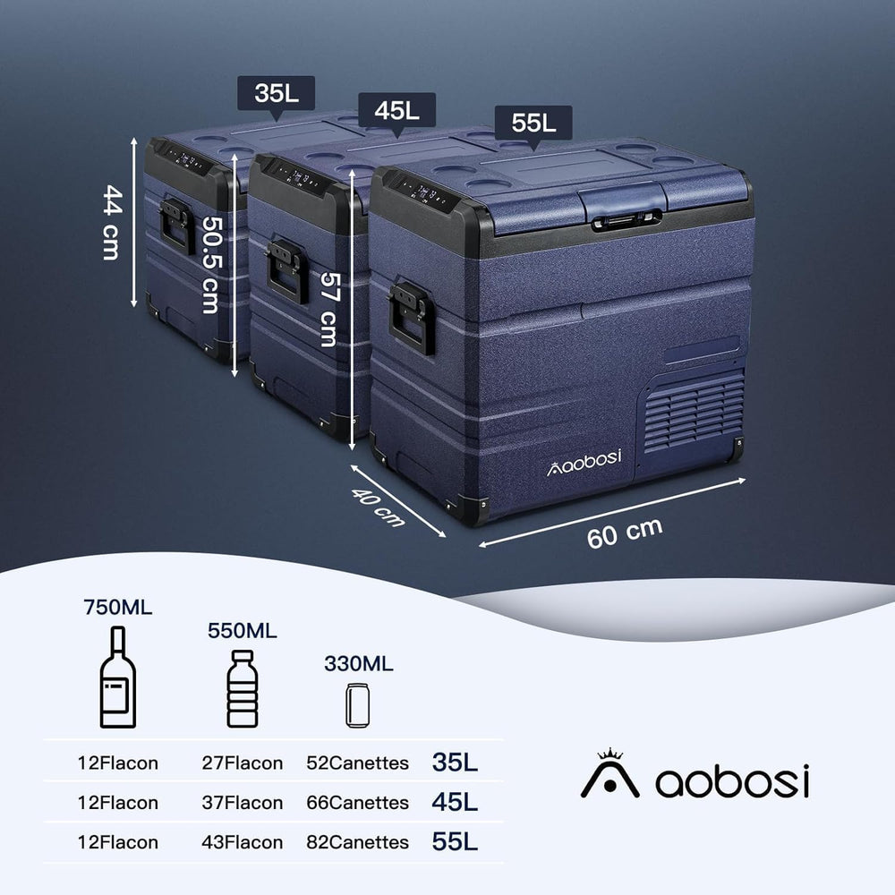 AAOBOSI 46 L Glaciere a Compression, Glaciere Electrique Double Zone, 12 V/24 V et 100-240 V Frigo Camping, -20 ℃ à 20 ℃, pour Voiture, Camion, Bateau, Camping-Car