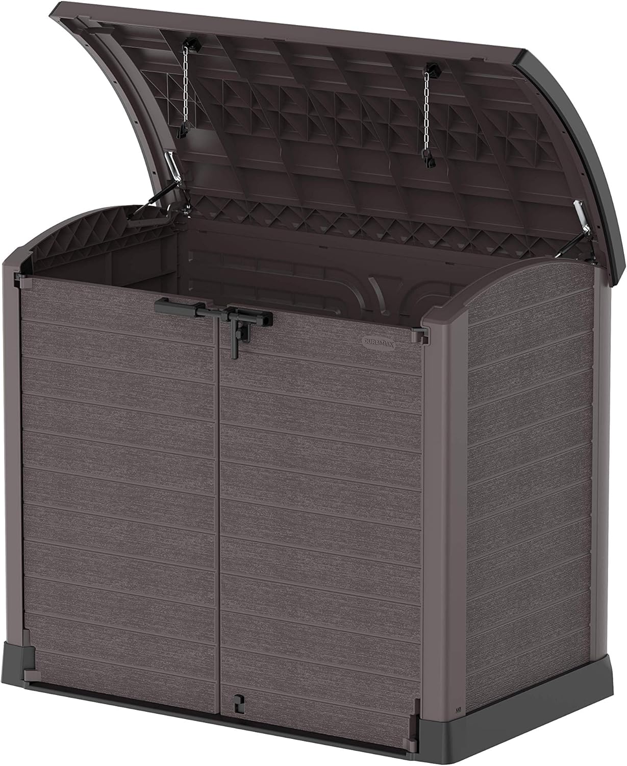 Duramax StoreAway 1200L Plastic Garden Shed/ Flat Lid, Outdoor Storage Shed, Wheelie Bin Hideaways, Wheelie bin box, Durable Construction, Ideal for Bikes, BBQs & 2x 240L Bins, 145x85x125 cm, Brown