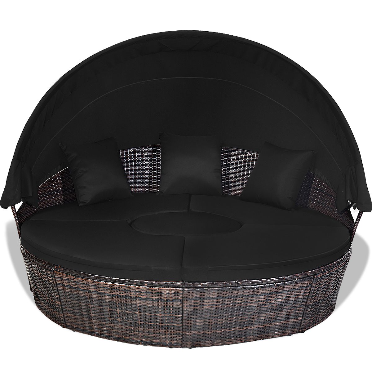 Lit de Jardin Rond d'Exterieur Table Relevable Modulable & Convertible - Pare Soleil Réglable rotin PE Coussins Inclus Noir